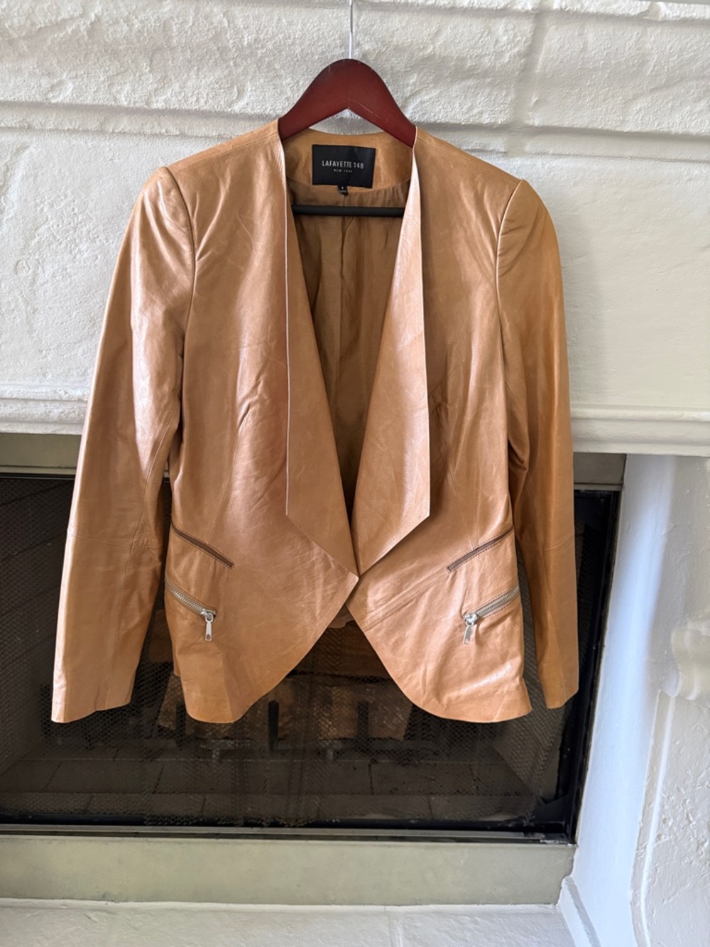 Lafayette 148 New York Camel Leather Draped Open-Front Blazer